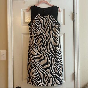 Worthington M Black White Tan Print Knee Length Dress Built-In Slip
